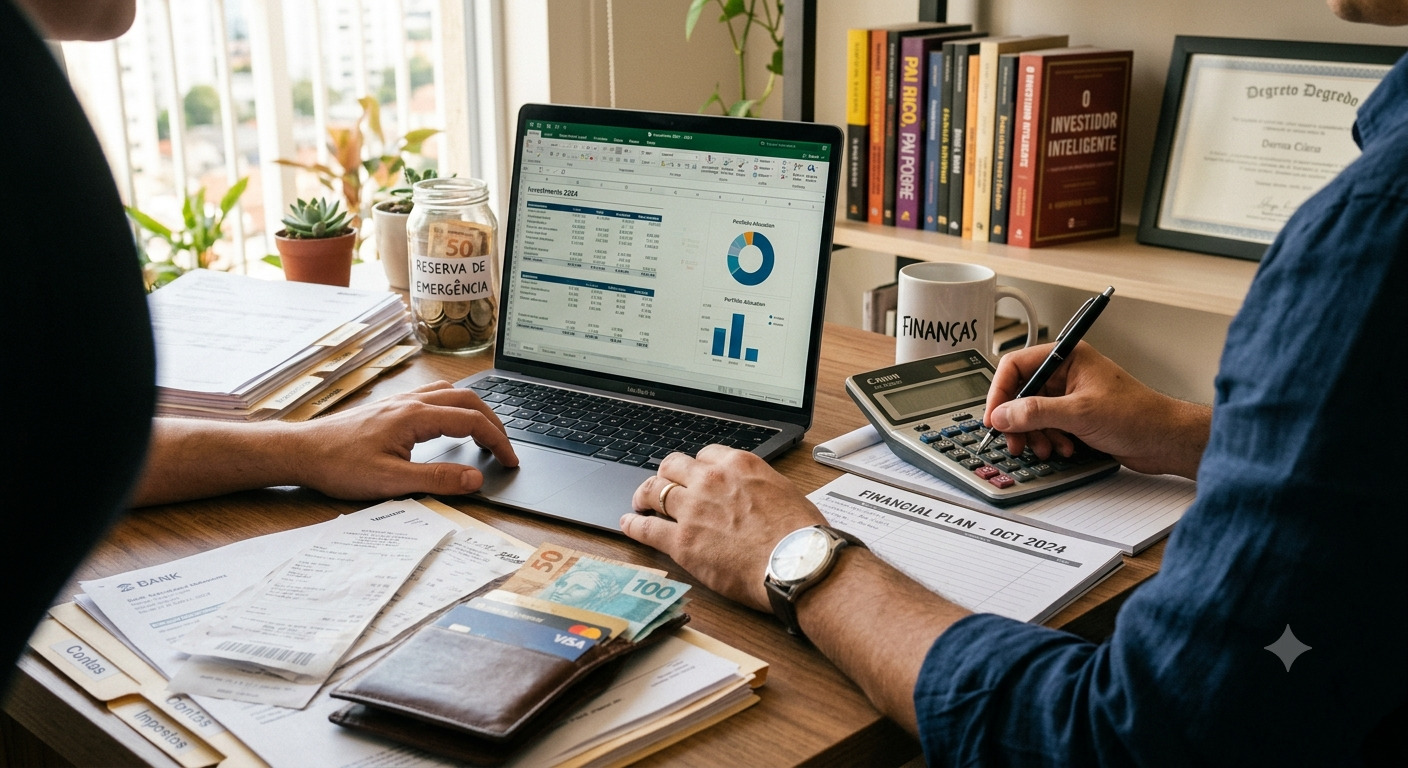 Pessoas trabalhando sobre mesa com lapto, calculadora e documentos financeiros