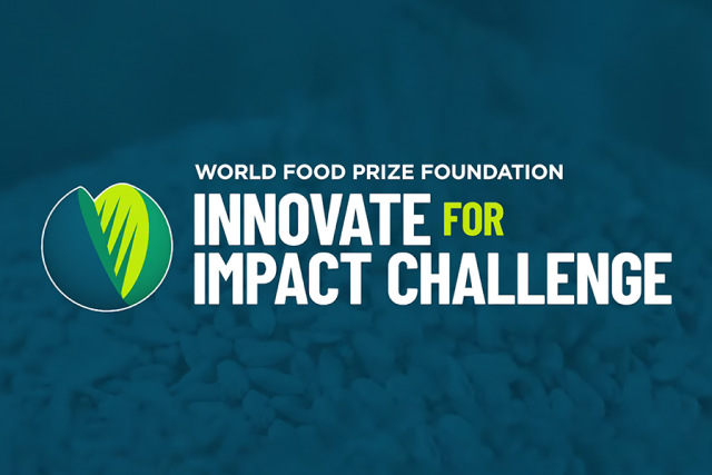 Cartaz do pr&ecirc;mio traz inscri&ccedil;&atilde;o "World food Prize Foundation - Innovate for impact challenge", ao lado de um s&iacute;mbolo que lembra um fruto, da cor verde