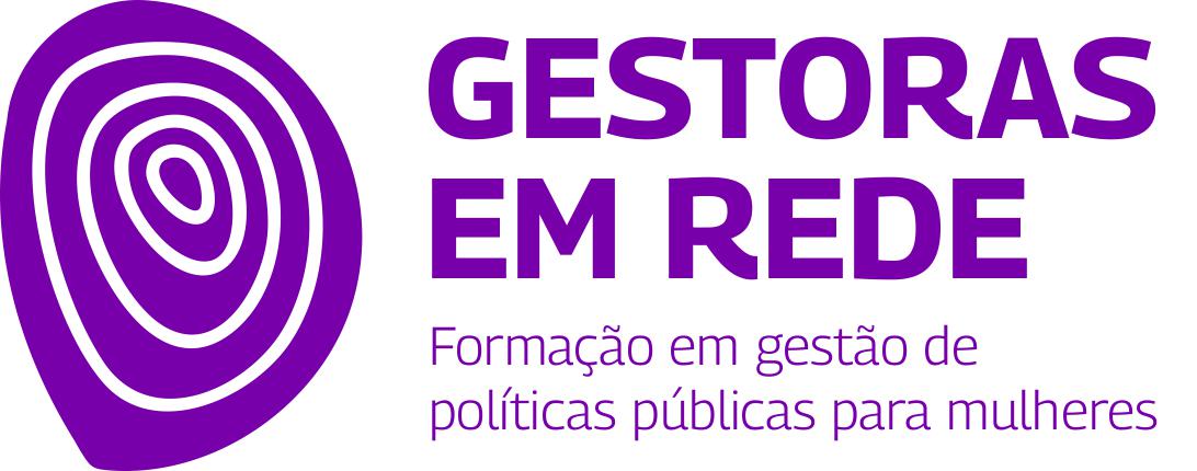 Logo roxa com símbolo orgânico e texto "GESTORAS EM REDE: Formação em gestão de políticas públicas para mulheres".