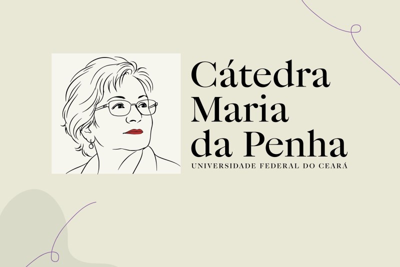 Logo com desenho da Maria da Penha em preto e branco, apenas com boca da cor vermelha, e o dizer "C&aacute;tedra Maria da Penha Universidade federal do Cear&aacute;"