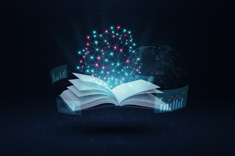 Ilustra&ccedil;&atilde;o combina elementos das &aacute;reas de educa&ccedil;&atilde;o (livro aberto) e intelig&ecirc;ncia artificial (gr&aacute;ficos e redes neurais)