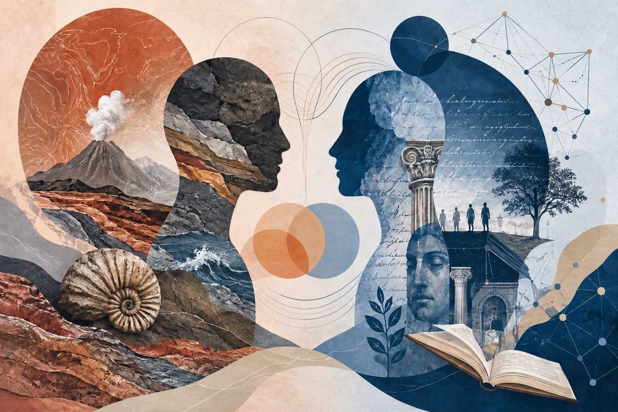 Ilustração artística com dois perfis em silhueta frente a frente. O perfil esquerdo, em tons terrosos, traz elementos geológicos como vulcão, fósseis e rochas. O direito, em azul, destaca as humanidades, com coluna grega, livro e escritas.