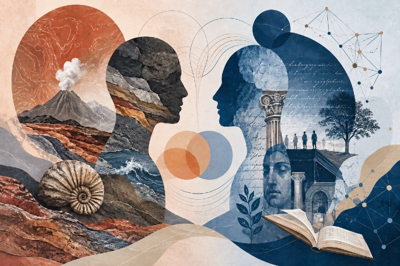 Ilustração artística com dois perfis em silhueta frente a frente. O perfil esquerdo, em tons terrosos, traz elementos geológicos como vulcão, fósseis e rochas. O direito, em azul, destaca as humanidades, com coluna grega, livro e escritas