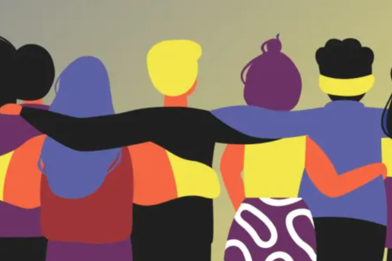 Ilustração de personagens se abraçando