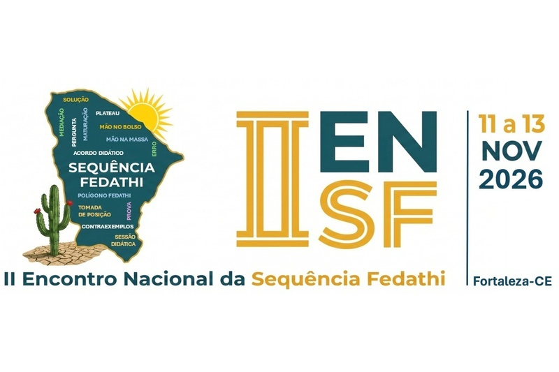 Desenho do mapa do Ceará com “Sequência Fedathi” e diversos termos relacionados à metodologia escritos. Abaixo, aparece um cacto sobre um solo rachado e, ao fundo, um sol amarelo. No centro, II ENSF. À direita, 11 a 13 NOV 2026, Fortaleza-CE.