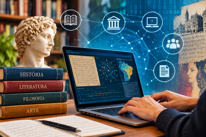 Ilustra&ccedil;&atilde;o feita por intelig&ecirc;ncia artificial que une elementos dos campos de Humanidades e Tecnologia, como livros, laptop, caderno, caneta, est&aacute;tua grega