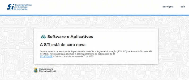Captura de tela do site da STI/UFC, com aviso sobre a substituição do sistema de serviços de tecnologia e a apresentação do novo serviço STI ATENDE