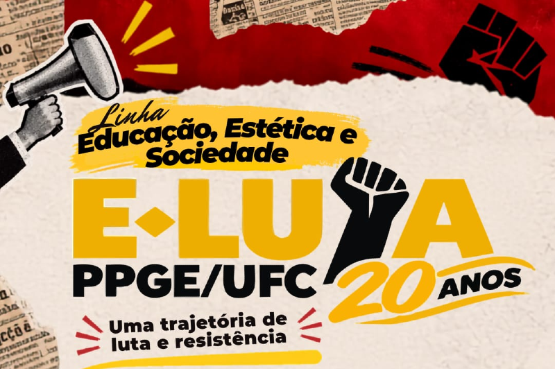 Cartaz em papel envelhecido, com recortes de jornais nas bordas e uma faixa vermelha na parte superior. Uma m&atilde;o segura um megafone e h&aacute; o desenho de um punho fechado com detalhes em vermelho. Ao centro, o nome e a sigla da linha de pesquisa.