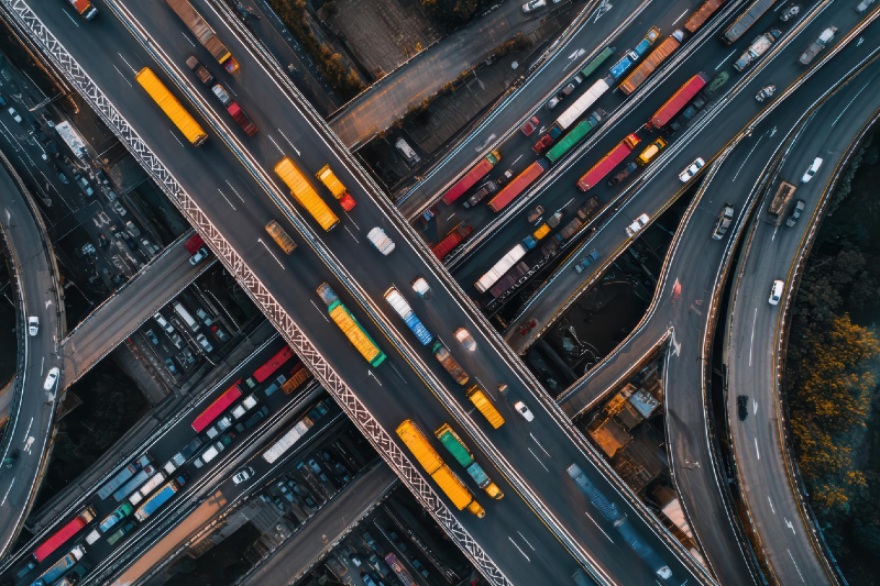 Três andares de viadutos sobrepostos. Há alças que vão para esquerda e direita também. Sobre os viadutos, um intenso fluxo de caminhões nas cores amarela e vermelha