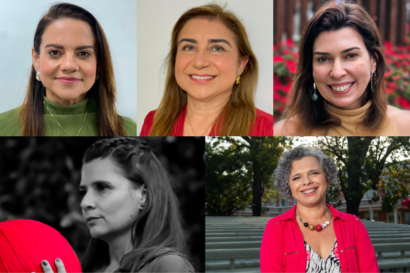 Montagem com cinco retratos de mulheres sorrindo ou em pose s&eacute;ria. Quatro fotos s&atilde;o coloridas; a imagem inferior esquerda &eacute; em preto e branco