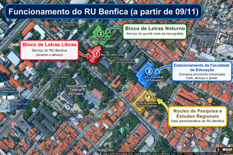 Mapa indicando os pontos dos locais de funcionamento provis&oacute;rio do RU do Benfica no Centro de Humanidades e na Faculdade de Educa&ccedil;&atilde;o