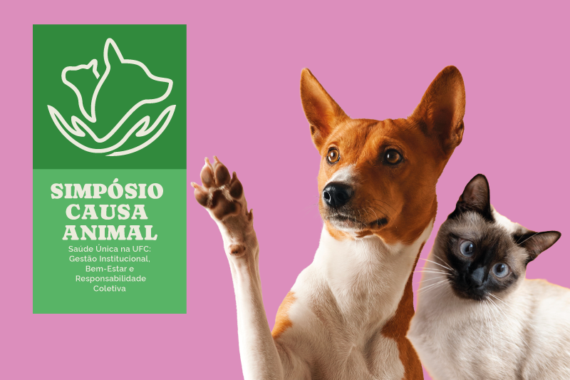Imagem num fundo rosa. Do lado direito, tem um cachorro com a pata levantada e um gato do lado. Do lado esquerdo tem um logo verde com o nome Simpósio da Causa Animal