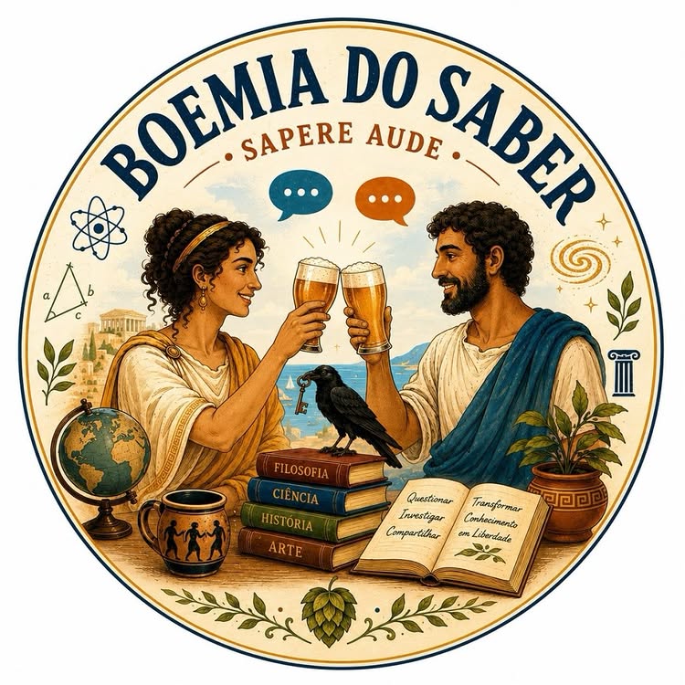 Logo "BOEMIA DO SABER" com frase "SAPERE AUDE". Homem e mulher gregos brindam com cerveja em ambiente com livros, globo, corvo e símbolos de filosofia e ciência.