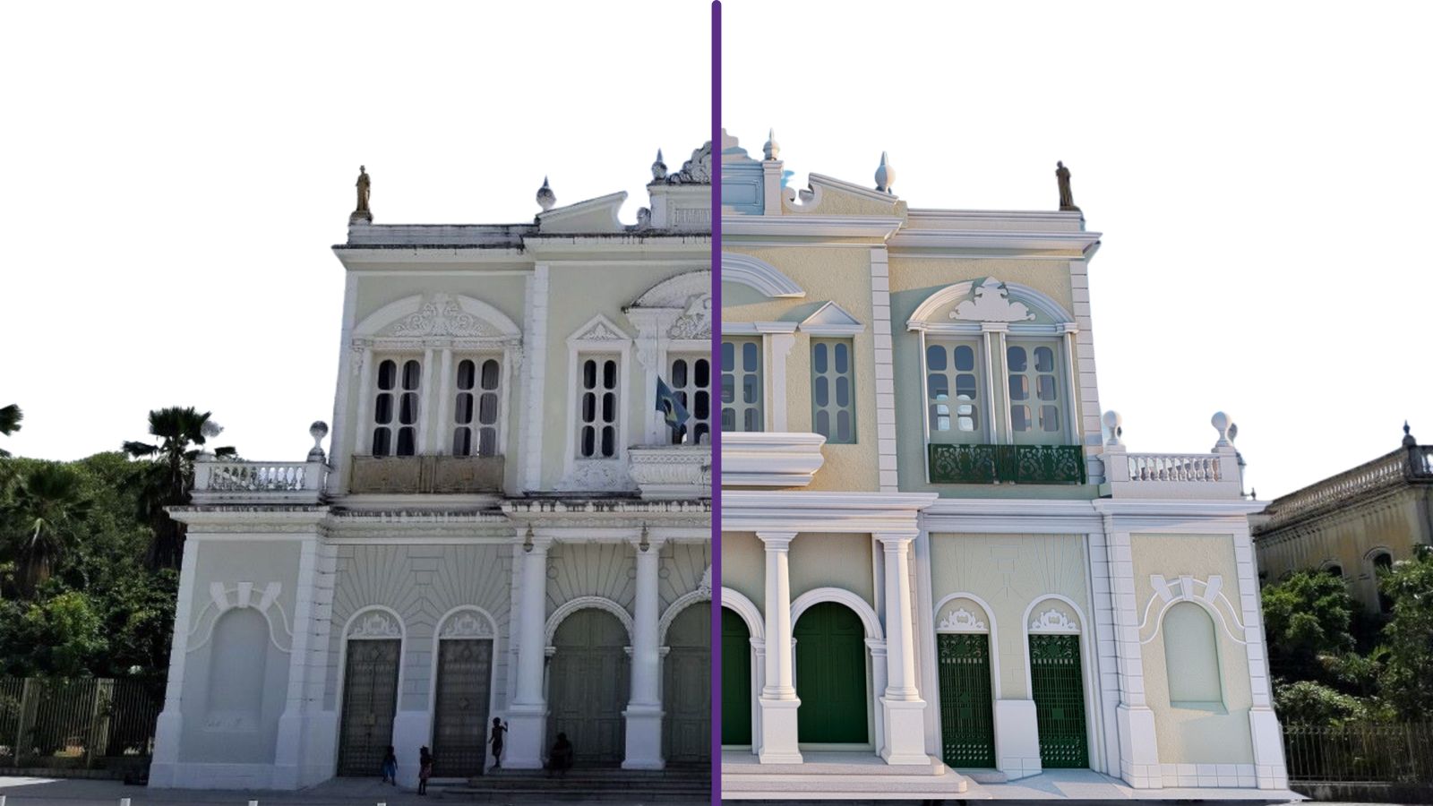 Duas fotos do Theatro José de Alencar, apresentando diferenças entre a fachada real e a fachada modelada